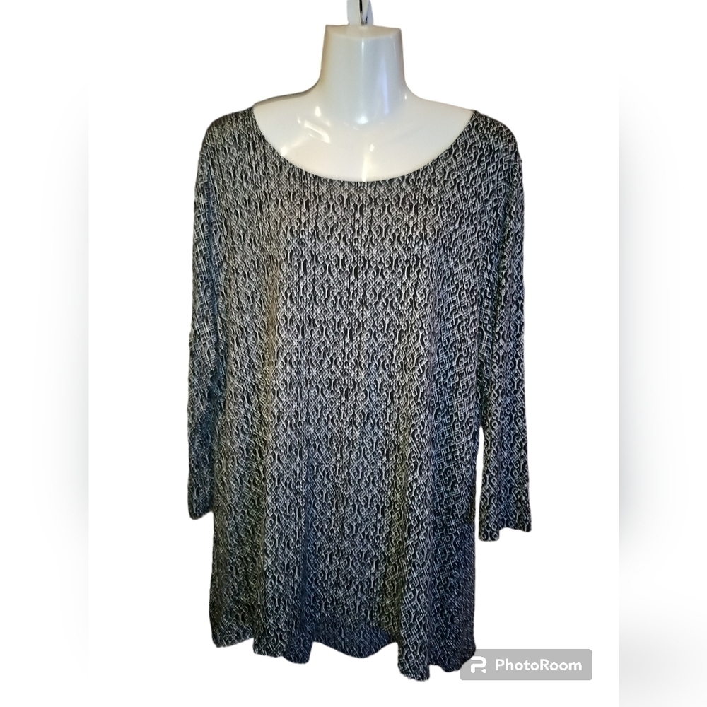 buffalo david bitton black white patterned top size xxl scoop neck long sleeve